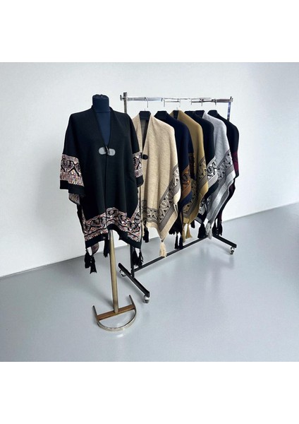 Akmoda Kalın Kışlık Triko Uzun Panço