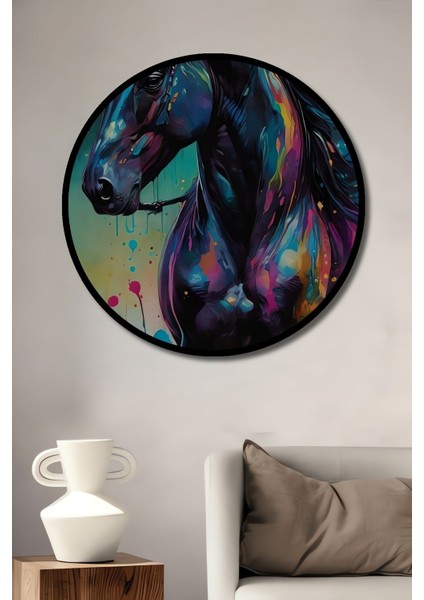 Çerçeve Görünümlü Renkli At Soyut Sanat Dekoratif Ahşap Mdf Ev Duvar Tablo Yuvarlak Ev Duvar Tablo