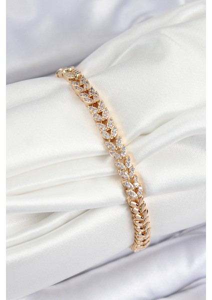 Pirinç Zirkon Taşlı Sıralı Yaprak Model Gold Renk Kadın Bileklik