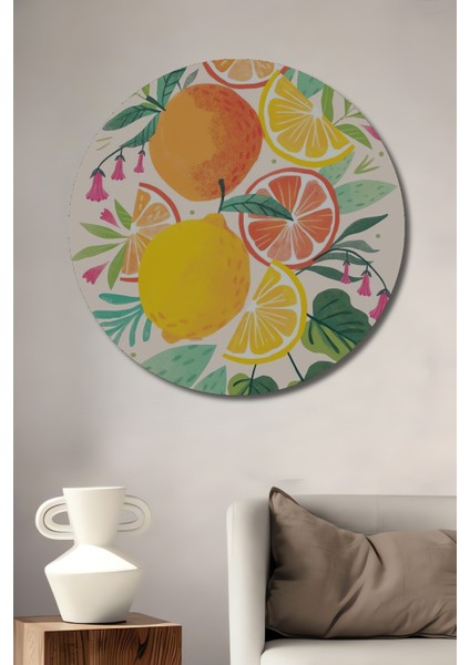 Limon ve Portakal Desenli Dekoratif Ahşap Mdf Ev/işyeri Duvar Tablo Yuvarlak Ev/işyeri Duvar Tablo