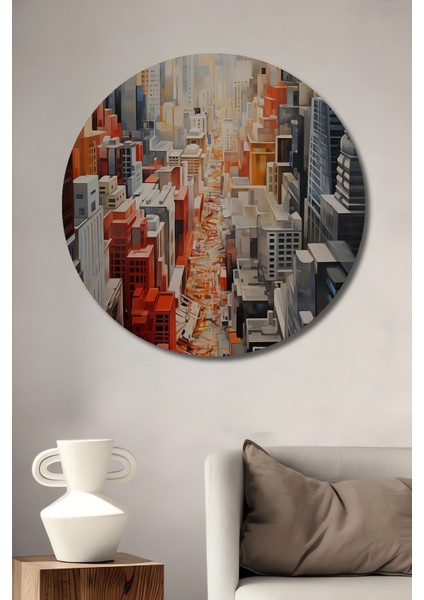 Renkli Soyut Şehir Manzarası Ahşap Mdf Dekoratif Tablo Yuvarlak Tablo