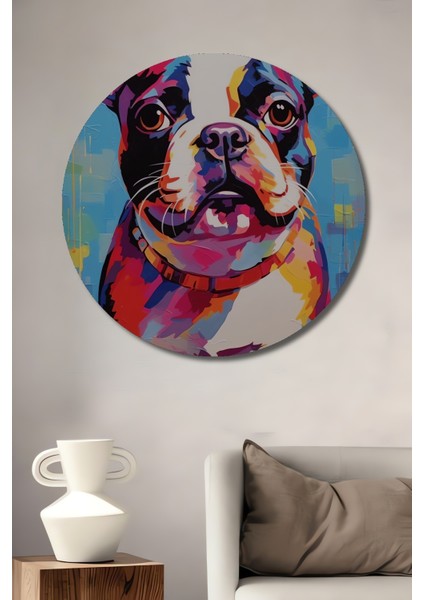 Renkli Bulldog Pop Art Dekoratif Ahşap Mdf Ev/işyeri Duvar Tablo Yuvarlak Ev/işyeri Duvar Tablo