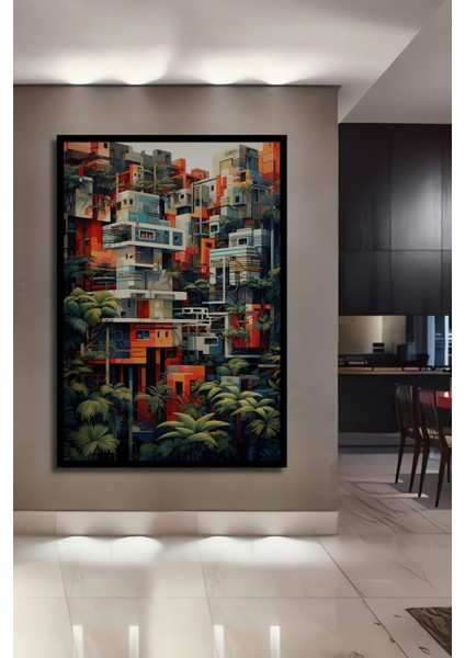 Çerçeve Görünümlü Renkli Tropikal Soyut Şehir Ahşap Mdf Dekoratif Tablo Dikdörtgen Tablo