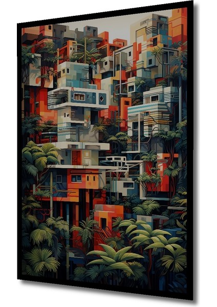 Çerçeve Görünümlü Renkli Tropikal Soyut Şehir Ahşap Mdf Dekoratif Tablo Dikdörtgen Tablo fiyatları