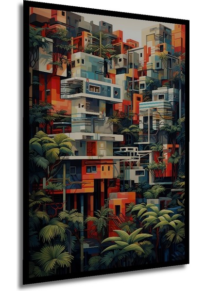 Çerçeve Görünümlü Renkli Tropikal Soyut Şehir Ahşap Mdf Dekoratif Tablo Dikdörtgen Tablo modelleri