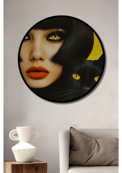 Çerçeve Görünümlü Kedi Kadın Ahşap Mdf Dekoratif Işyeri Duvar Tablo Yuvarlak Işyeri Duvar Tablo