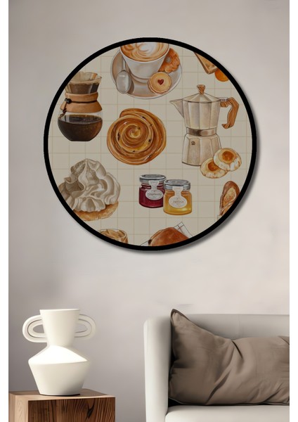Çerçeve Görünümlü Kahve ve Tatlılarla Dekoratif Ahşap Mdf Ev Duvar Tablo Yuvarlak Ev Duvar Tablo