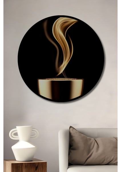 Çerçeve Görünümlü Altın Fincanda Yükselen Duman Dekoratif Ahşap Mdf Tablo Yuvarlak Tablo