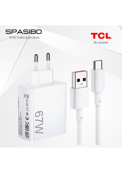 Tcl Uyumlu 67W Turbo Şarj Adaptörü Seti | Type-C Hızlı Şarj & Akıllı Voltaj Koruma