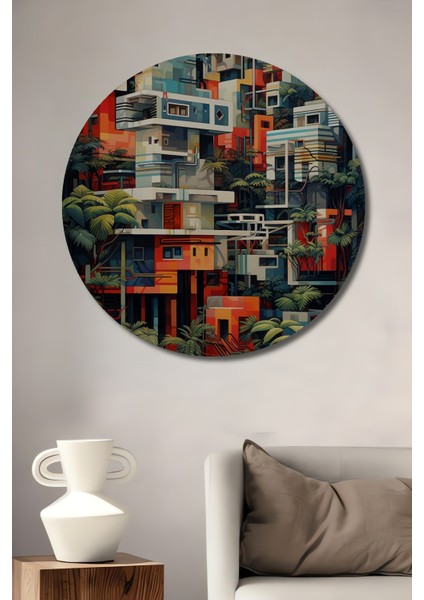 Renkli Tropikal Soyut Şehir Ahşap Mdf Dekoratif Işyeri Duvar Tablo Yuvarlak Işyeri Duvar Tablo