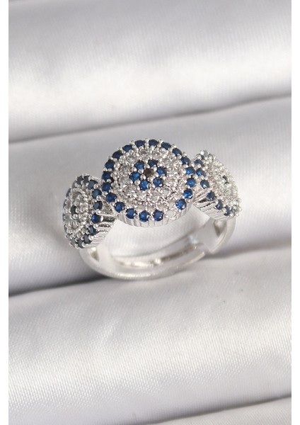 Pirinç Gümüş Renk Zirkon Taşlı Nazar Boncuk Model Ayarlanabilir Kadın Yüzük