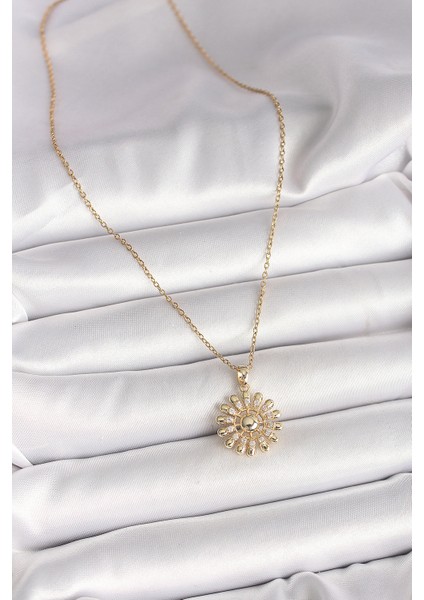 316L Çelik Gold Renk Zincir Zirkon Taşlı Güneş Model Kadın Kolye fiyatları