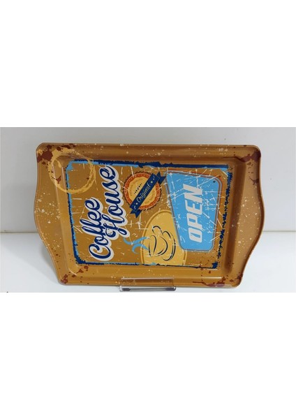 Coffee Desenli Metal Tepsi Dikdörtgen Metal Sofra Tepsi 16X25CM Kahve 1 Adet