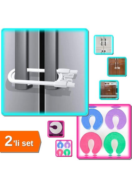 2'li Set Çocuk Koruma Kilidi + Kapı Durdurucu Sünger - Stoper ile Güvenli Ev 4D5E6F