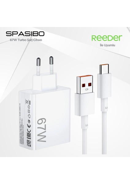 Reeder Uyumlu 67W Turbo Şarj Adaptörü Seti | Type-C Hızlı Şarj & Akıllı Voltaj Koruma