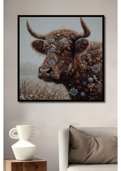 Çerçeve Görünümlü Çiçekli Boğa Dekoratif Ahşap Mdf Ev Duvar Tablo Dikdörtgen Ev Duvar Tablo