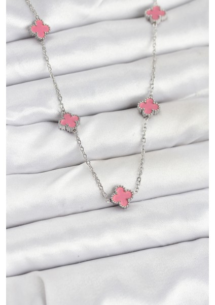 316L Çelik Zincir Gümüş Renk Pembe Baby Boy Yonca Kadın Kolye