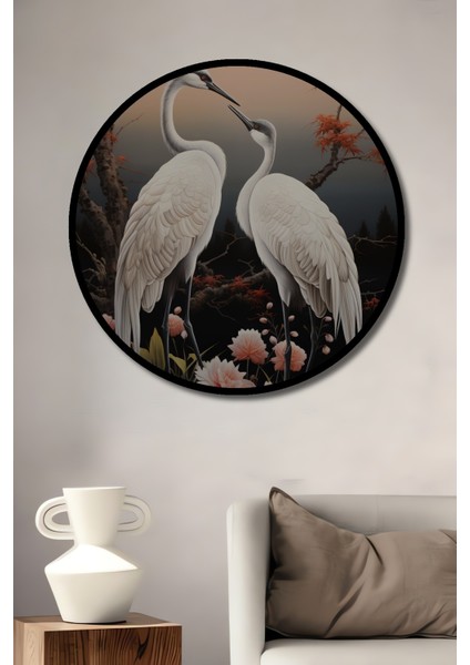 Çerçeve Görünümlü Zarafetle Dans Eden Turnalar Dekoratif Ahşap Mdf Tablo Yuvarlak Tablo
