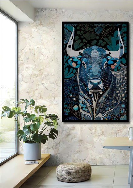 Çerçeve Görünümlü Mavi Boğa Soyut Dekoratif Ahşap Mdf Ev Duvar Tablo Dikdörtgen Ev Duvar Tablo