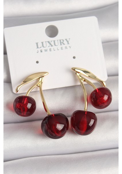 Pirinç Gold Renk Kırmızı Kiraz Model Kadın Küpe