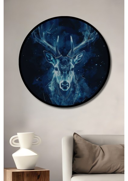 Çerçeve Görünümlü Mavi Gızemlı Geyik Ahşap Mdf Dekoratif Ev Duvar Tablo Yuvarlak Ev Duvar Tablo