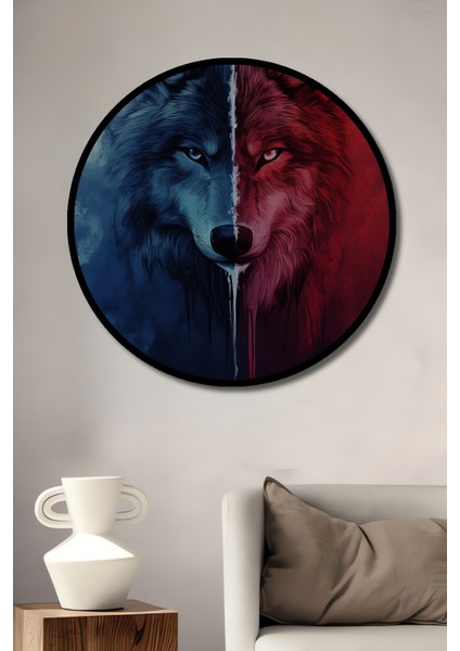 Çerçeve Görünümlü Kurt Yansıması Dekoratif Ahşap Mdf Ev Duvar Tablo Yuvarlak Ev Duvar Tablo