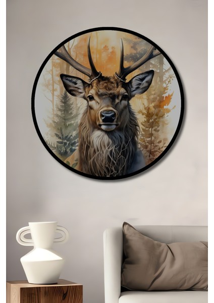 Çerçeve Görünümlü Majestik Geyik Ahşap Mdf Dekoratif Ev Duvar Tablo Yuvarlak Ev Duvar Tablo