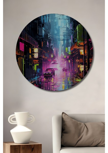 Neon Şehir Yağmur Ahşap Mdf Dekoratif Ev/işyeri Duvar Tablo Yuvarlak Ev/işyeri Duvar Tablo