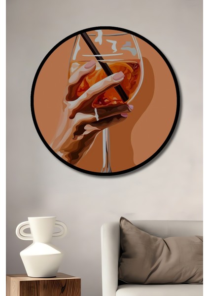 Çerçeve Görünümlü Elinde Kokteyl Dekoratif Ahşap Mdf Ev Duvar Tablo Yuvarlak Ev Duvar Tablo