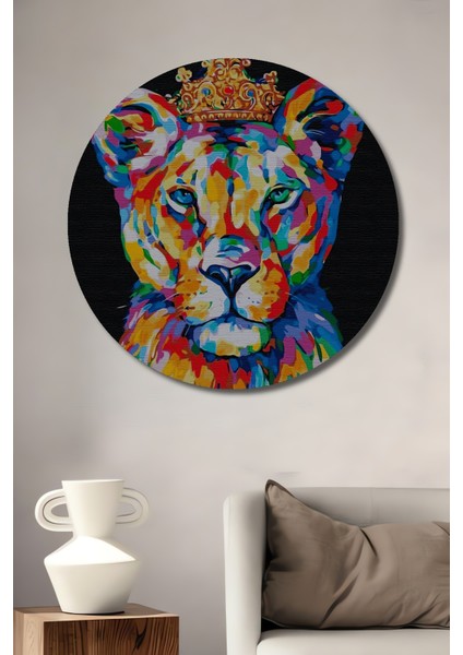 Renkli Taçlı Aslan Dekoratif Ahşap Mdf Ev/işyeri Duvar Tablo Yuvarlak Ev/işyeri Duvar Tablo
