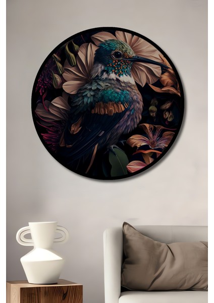 Çerçeve Görünümlü Renkli Çiçekler Ara ve Kolibrili Dekoratif Ahşap Mdf Tablo Yuvarlak Tablo