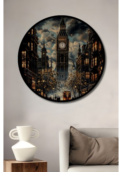 Çerçeve Görünümlü Big Ben Gece Londra Şehir Atmosferi Ahşap Dekoratif Yuvarlak Ev,işyeri Duvar Tablo