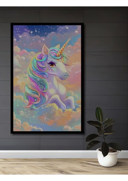 Çerçeve Görünümlü Gökkuşağı Unicorn Dekoratif Ahşap Mdf Ev Duvar Tablo Dikdörtgen Ev Duvar Tablo