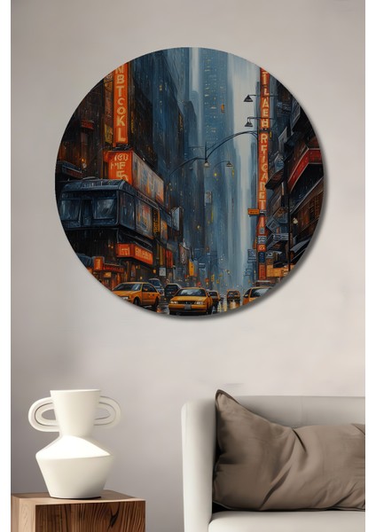 New York Yağmurlu Sokak Ahşap Mdf Dekoratif Ev/işyeri Duvar Tablo Yuvarlak Ev/işyeri Duvar Tablo
