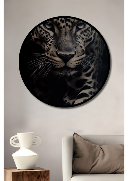 Çerçeve Görünümlü Leopar Asil Durus Dekoratif Ahşap Mdf Yuvarlak Ev,iş Yeri Duvar Tablo