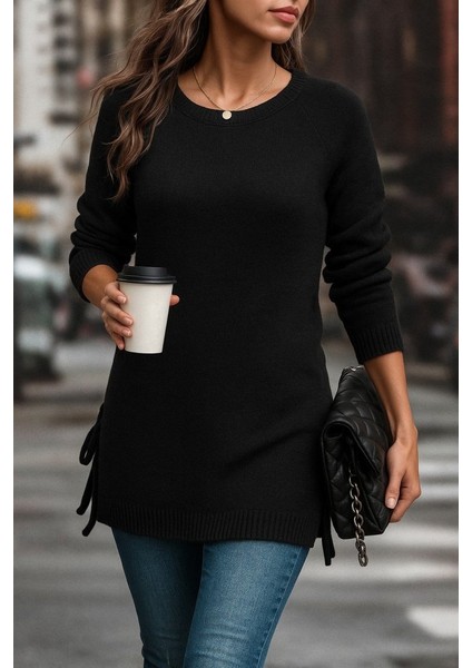 Kadın Uzun Kollu Yuvarlak Yakalı Yanlardan Bağcıklı Triko Bluz