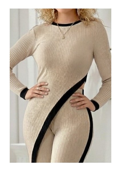 Kadın Uzun Kollu Bisiklet Yaka Asimetrik Kesim Bluz Şardonlu Kaşkorse Bluz ve Pantolon Ikili Takım fiyatları