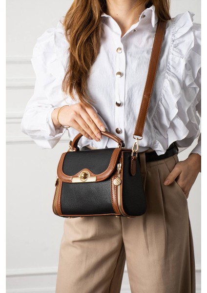 , Fermuar ve Kilit Detaylı , Şık ve Günlük ,kadın siyah taba El Çantası ve Bayan Çapraz Çantası