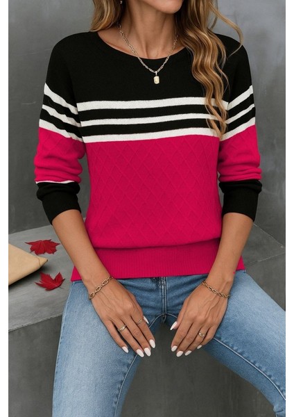 Kadın Uzun Kollu Bisiklet Yaka Çok Renkli Triko Bluz modelleri
