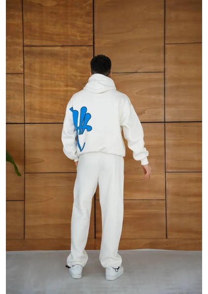 Erkek Kapüşonlu Eşofman Takım Graffiti Baskılı Oversize Rahat Kalıp, Kanguru Cepli, Streetwear Tarzında Premium Ürün 3 Iplik Pamuklu - Beyaz fırsatları