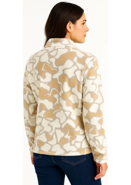 Kadın Yarım Fermuarlı Desenli Polar Sweat Yakalı, Uzun Kollu, Oversize Rahat Kalıp - Bej fiyatları