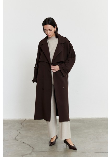 Kadın Acı Kahve Kol Apoletli Rüzgarlıklı Oversize Trençkot