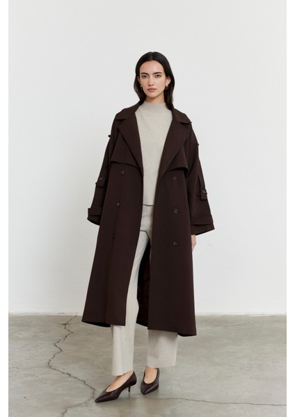 Kadın Acı Kahve Kol Apoletli Rüzgarlıklı Oversize Trençkot
