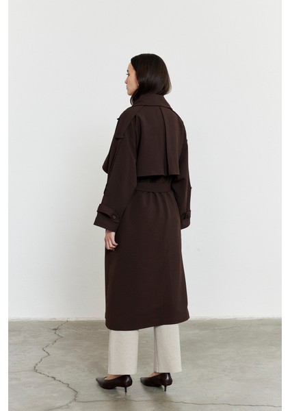 Kadın Acı Kahve Kol Apoletli Rüzgarlıklı Oversize Trençkot