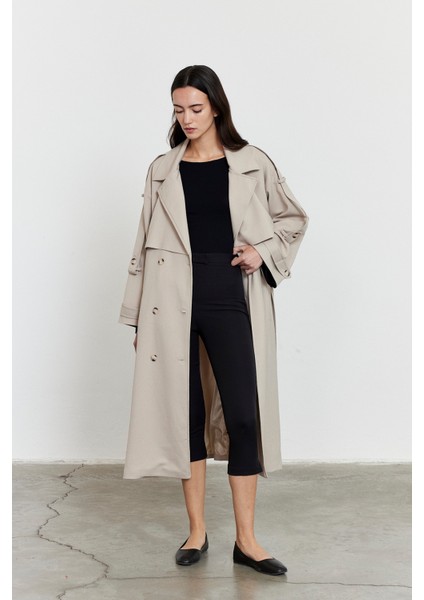 Kol Apoletli Rüzgarlıklı Oversize Trençkot Bej