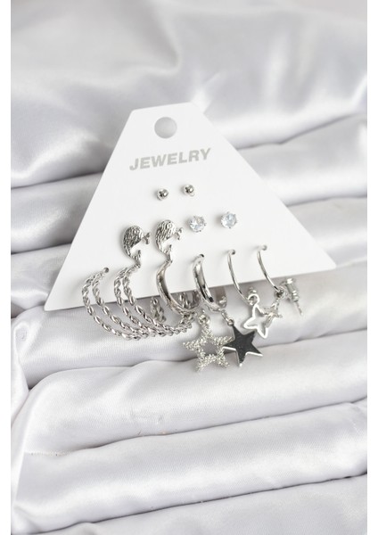 Erb Pirinç Gümüş Renk 6\&apos;lı Kadın Küpe Seti