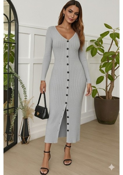 Kadın Uzun Kollu V Yakalı Önden Düğmeli Şardonlu Kaşkorse Elbise