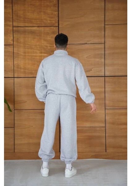 Erkek Premium Parçalı Eşofman Takım - Dik Yaka Fermuarlı Biyeli Sweatshirt Lastik Paça Alt, Oversize 3 Iplik Şardonlu - Gri fiyatları