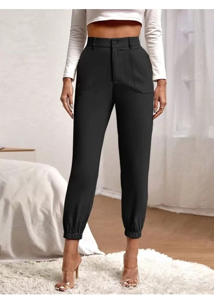 Kadın Yüksek Bel Cepli Paçası Lastikli Ithal Krep Pantolon