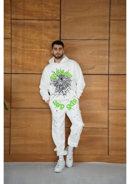 Erkek Kapüşonlu Eşofman Takım Örümcek Ağı ve Neon Yeşil Baskılı Kanguru Cepli Oversize Rahat Kalıp, Premium Üç Iplik Kumaş - Beyaz indirimleri